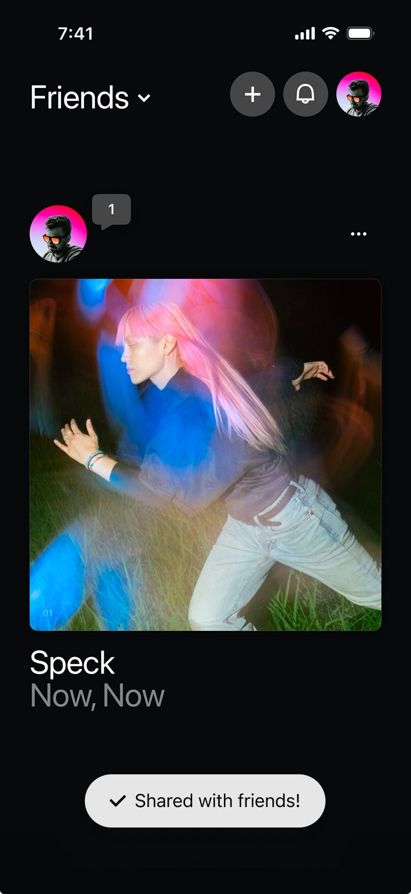 Listen Party feed with a friend's share — Now, Now's Speck